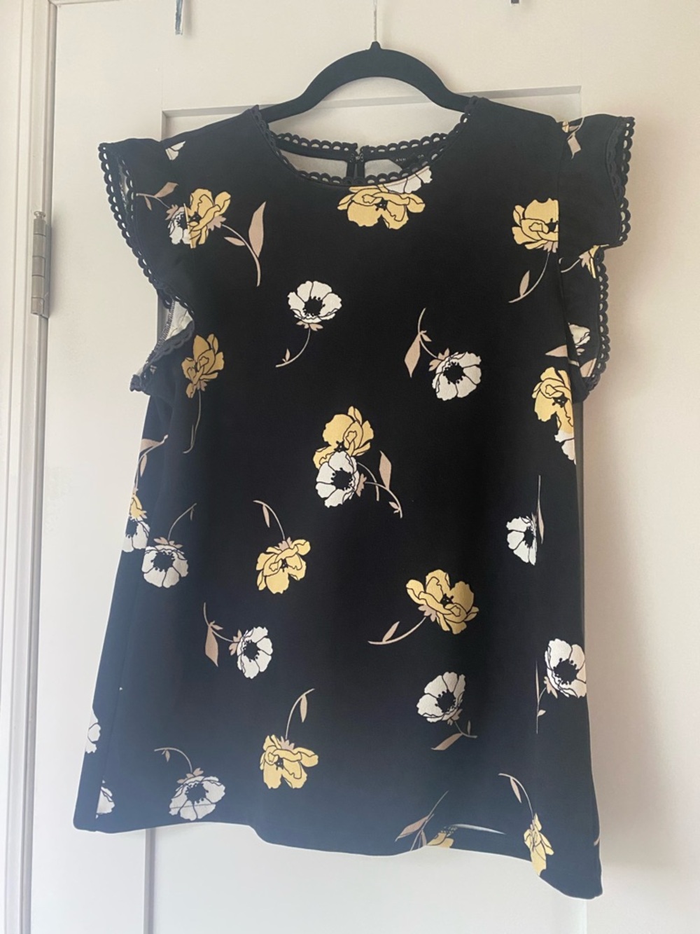 Ann Taylor Dark Navy Floral Flutter Sleeve Blouse